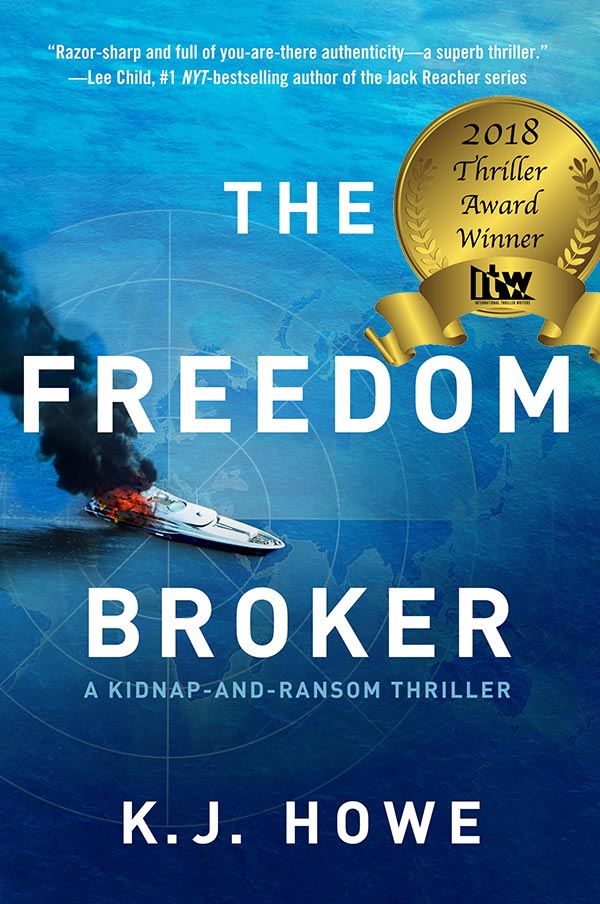 An image of the cover of The Freedom Broker, the first book in the Thea Paris thriller series, created by award-winning author K.J. Howe.