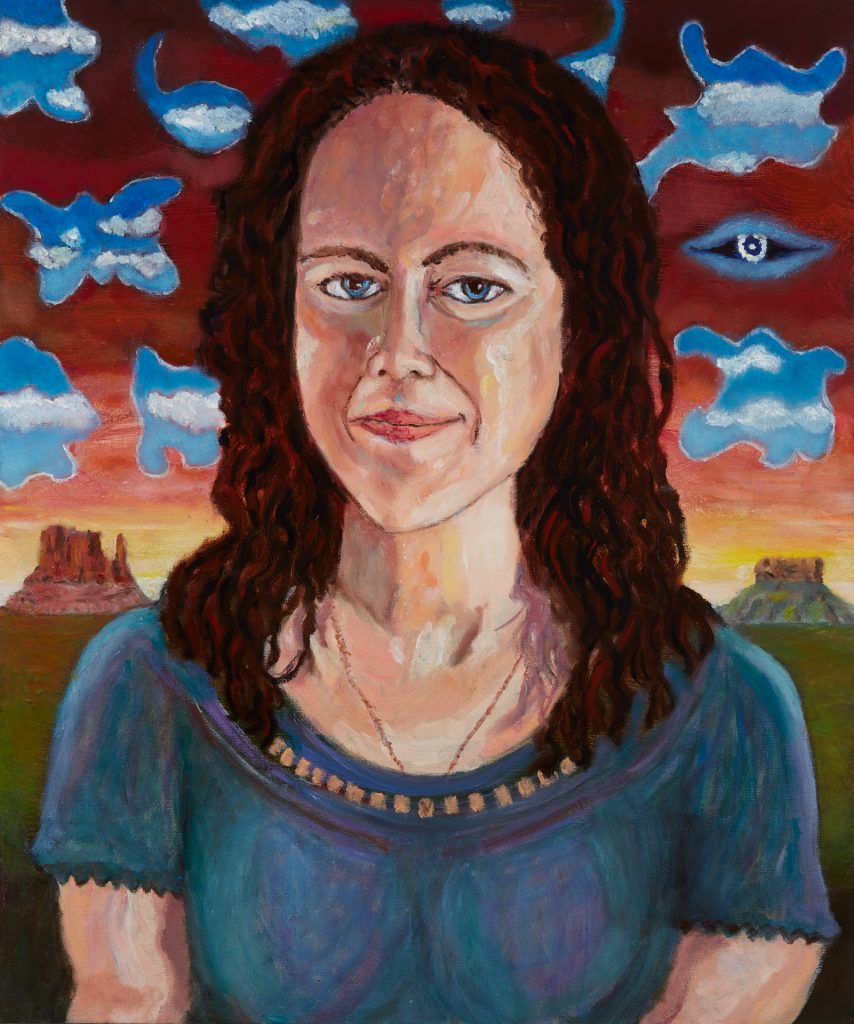 Theresa in a Jigsaw Sky (2018), a painting by writer and artist Max Talley.
